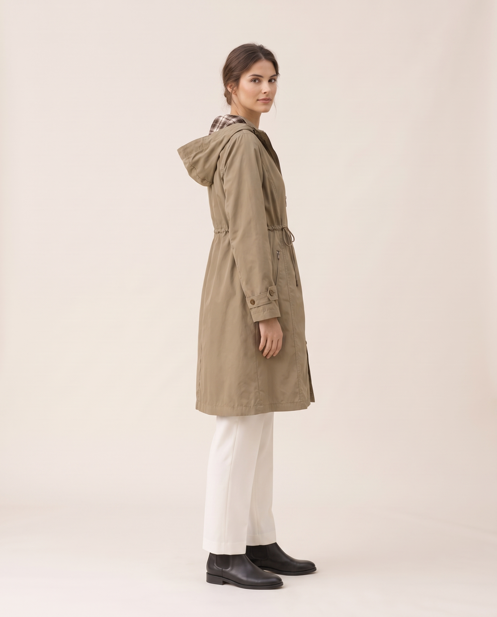 Hooded Trench Coat with Plaid Lining — three-quarter view