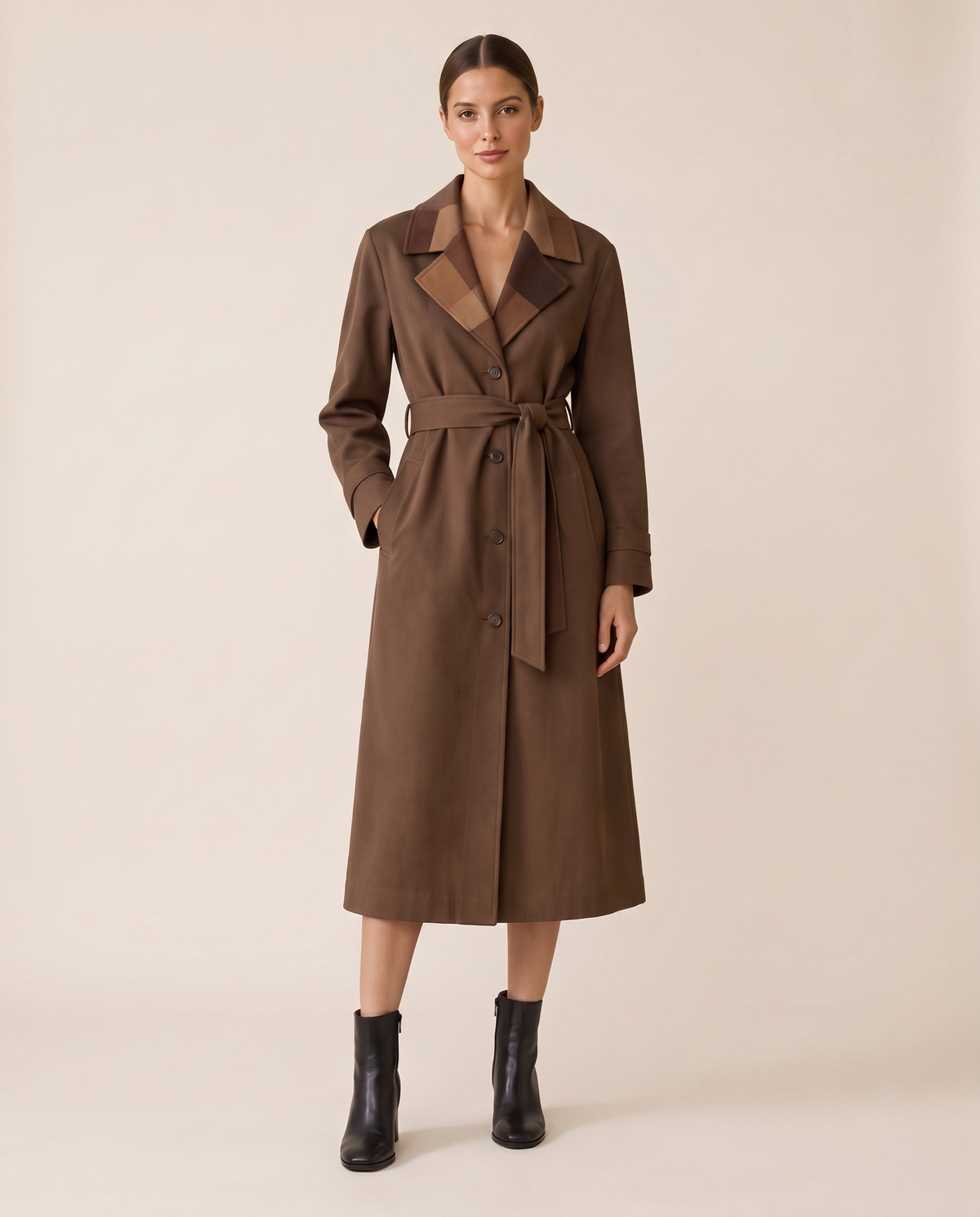 Long Leather-Effect Trench Coat with Patchwork Collar — studio front, belted