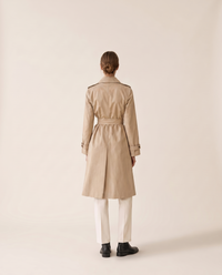 Mid-Length Double-Breasted Belted Trench Coat — studio back