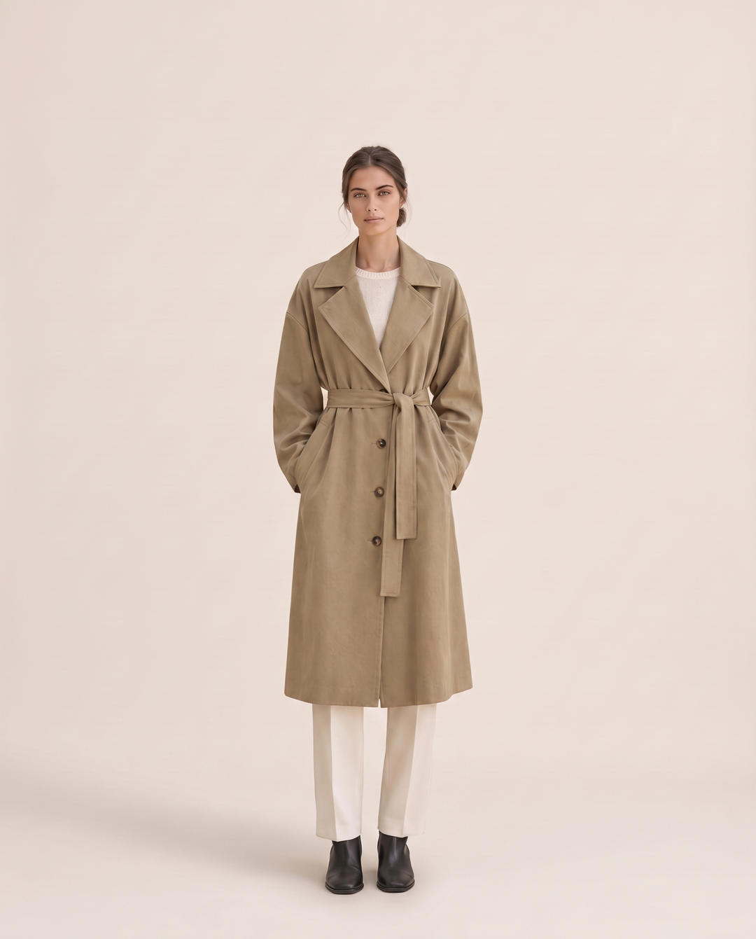 Long Tie-Waist Trench Coat for Women — studio front, belted