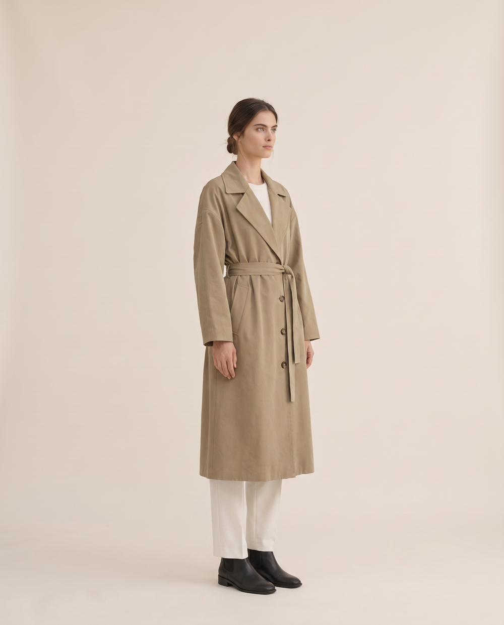 Long Tie-Waist Trench Coat for Women — three-quarter view