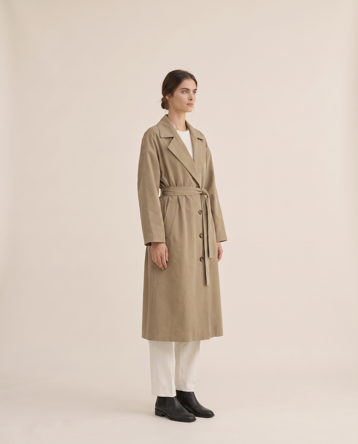 Long Tie-Waist Trench Coat for Women — three-quarter view