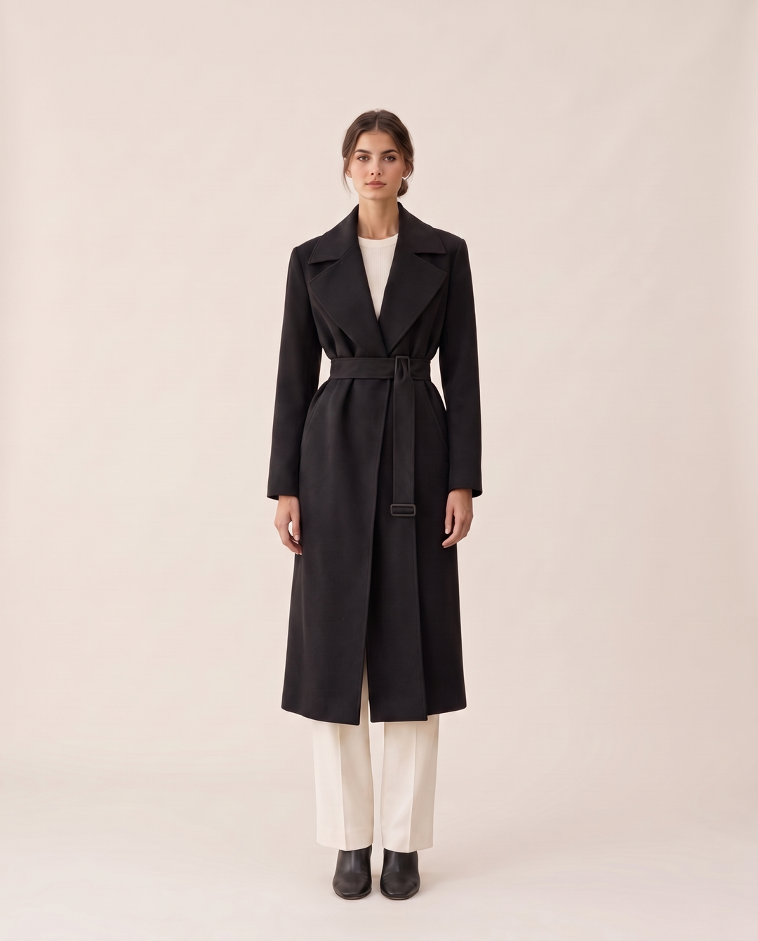 Black Longline Trench Coat with Wide Lapels — studio front, belted
