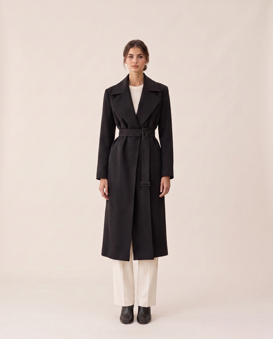 Black Longline Trench Coat with Wide Lapels — studio front, belted