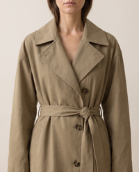 Long Tie-Waist Trench Coat for Women — double-breasted front, worn