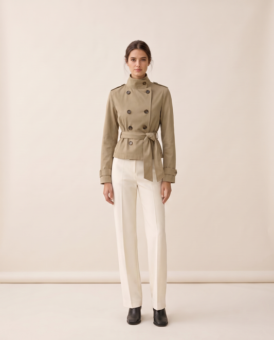Khaki Cropped Trench Coat with Belt — studio front, belted