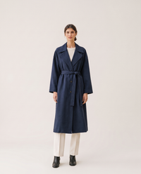 Long Tie-Waist Trench Coat for Women — navy, studio front