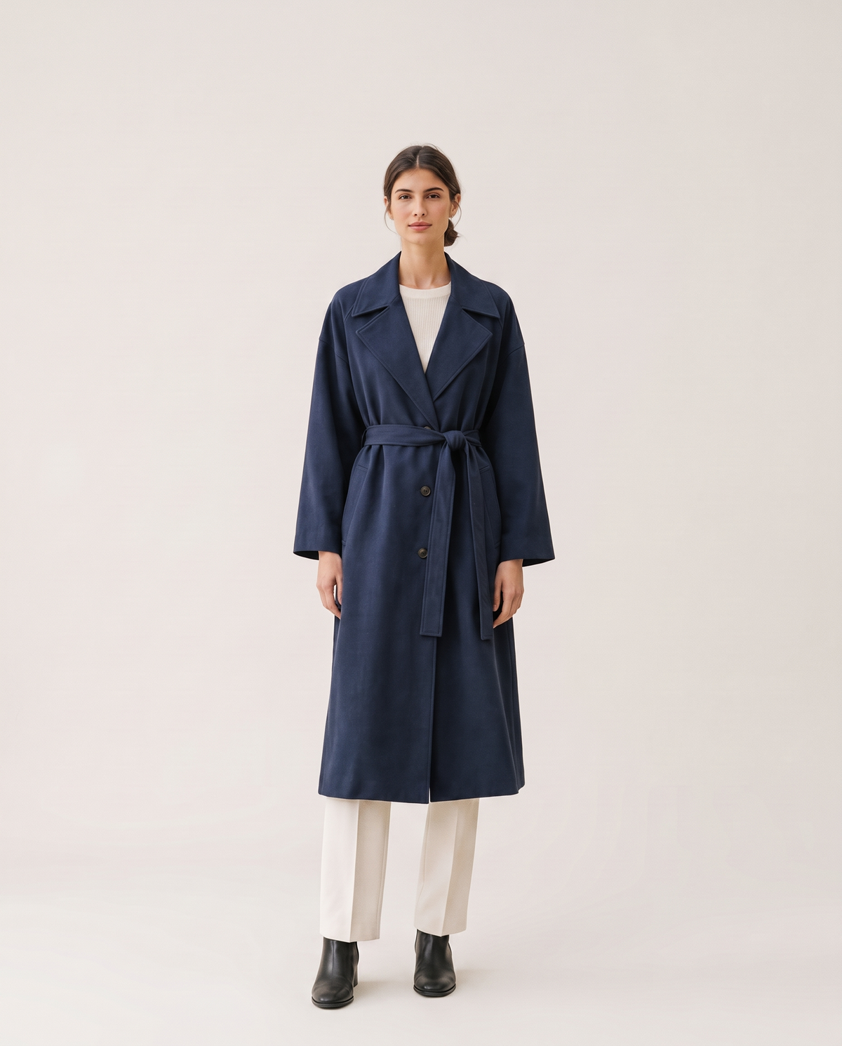 Long Tie-Waist Trench Coat for Women — navy, studio front