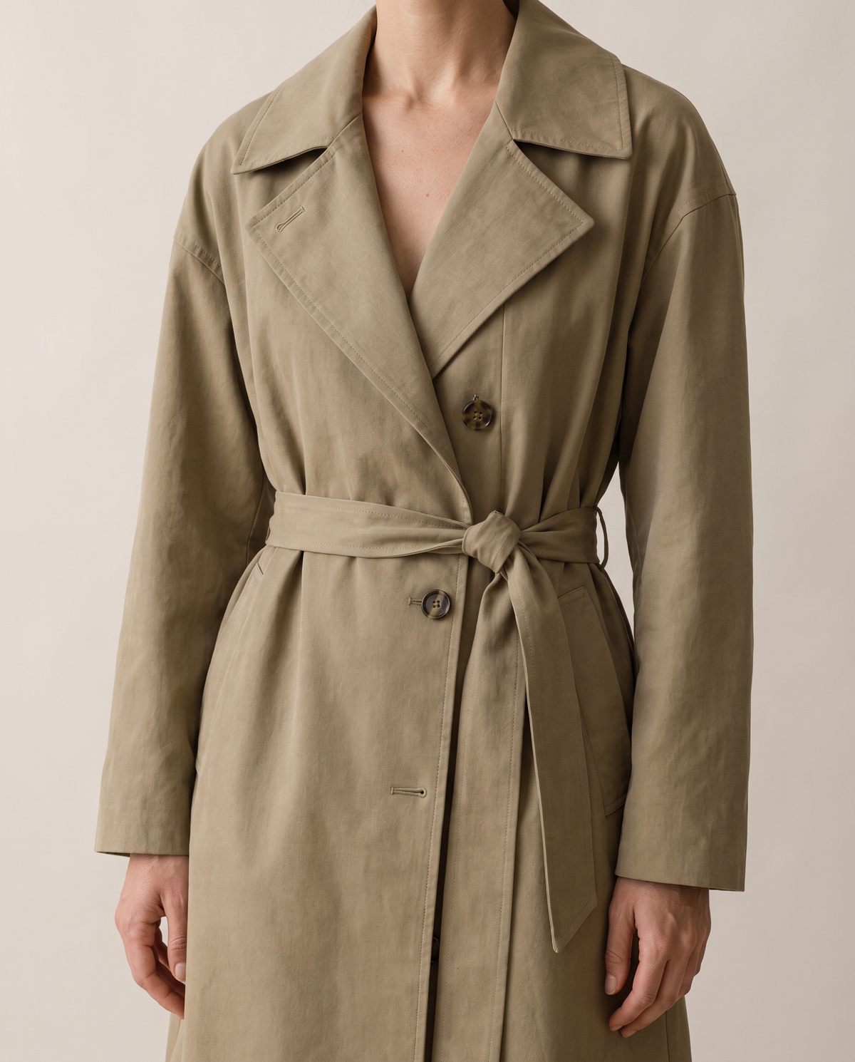 Long Tie-Waist Trench Coat for Women — lapels, buttons and tie belt detail