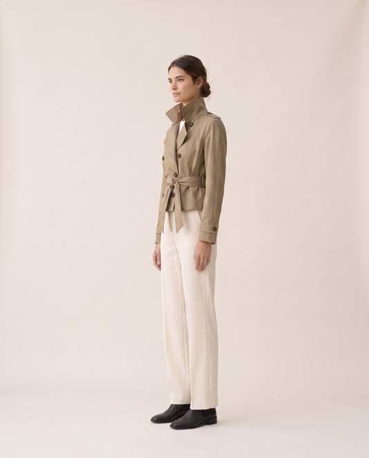 Khaki Cropped Trench Coat with Belt — three-quarter view
