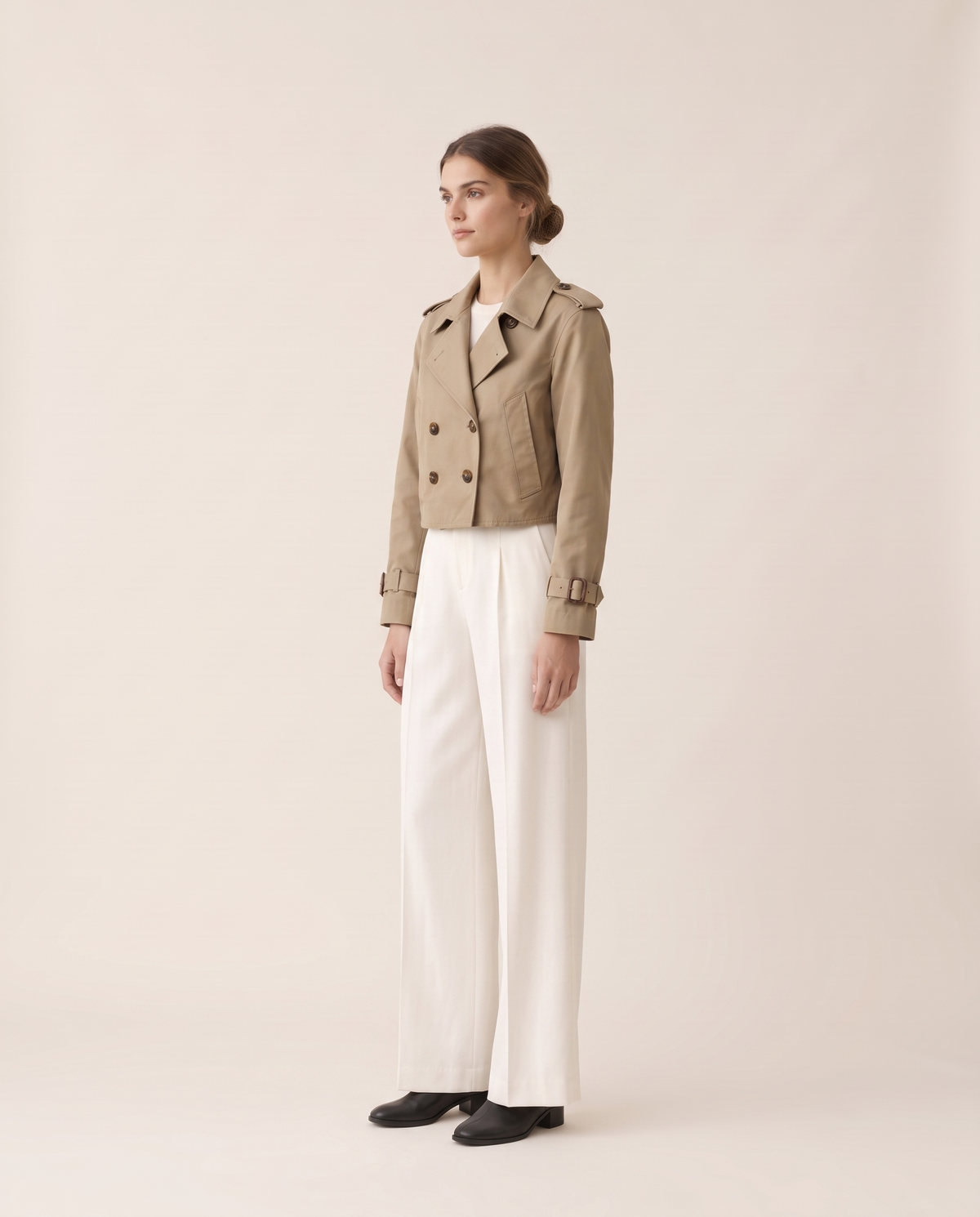 Vintage Cropped Trench Coat with Epaulettes — three-quarter view