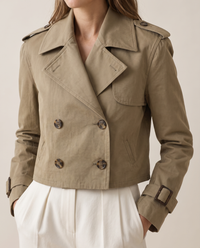 Vintage Cropped Trench Coat with Epaulettes — collar, buttons and cuff tab detail