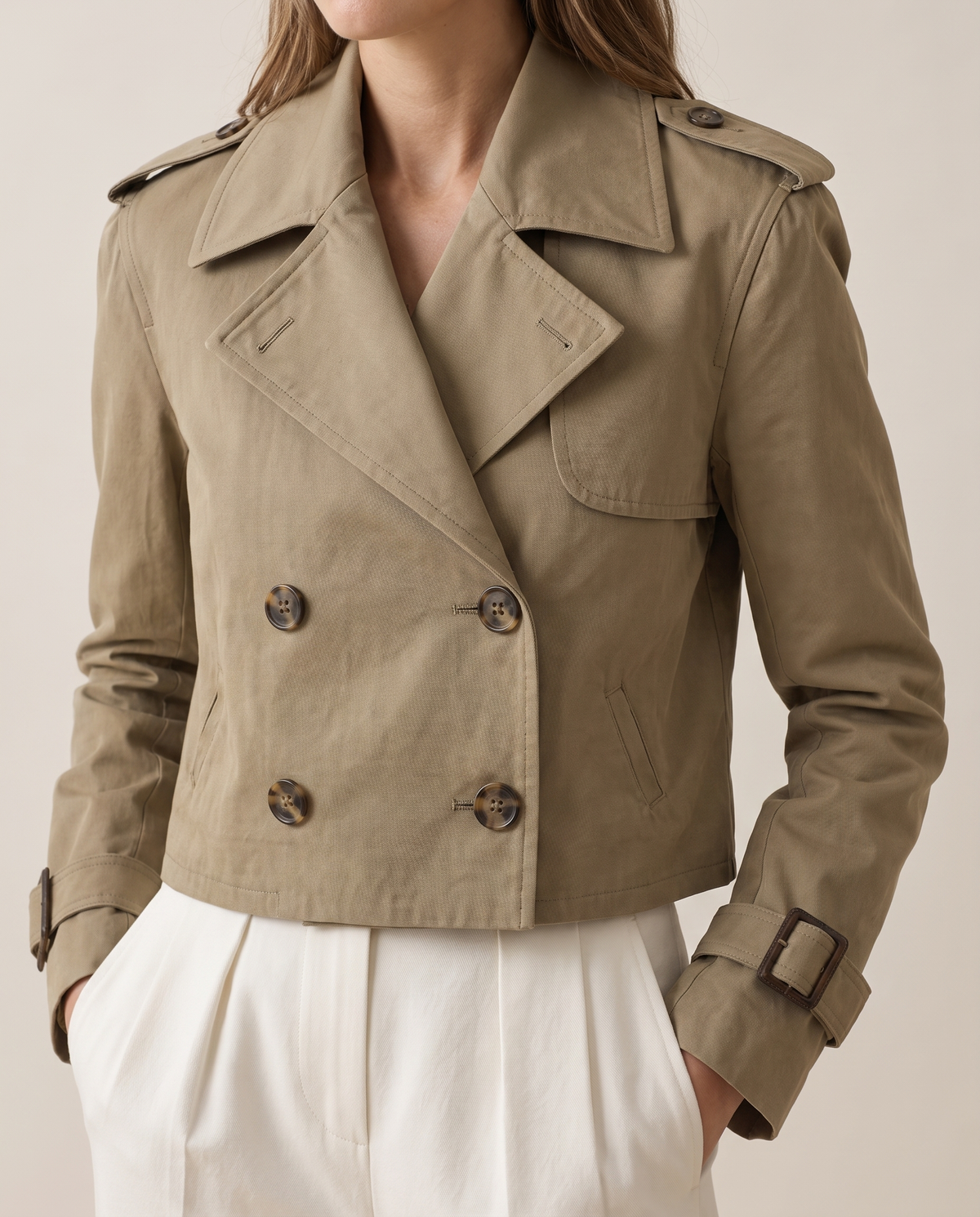 Vintage Cropped Trench Coat with Epaulettes — collar, buttons and cuff tab detail