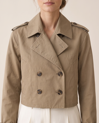 Vintage Cropped Trench Coat with Epaulettes — double-breasted front and epaulettes, worn