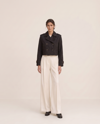 Vintage Cropped Trench Coat with Epaulettes — black, studio front