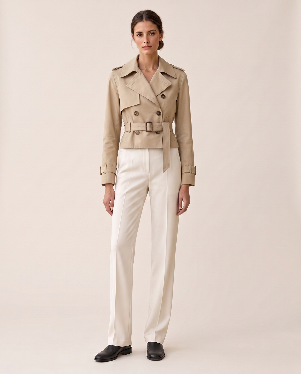 Cropped Belted Trench Jacket for Women — studio front, belted
