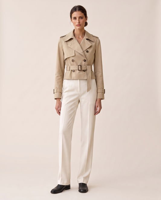 Cropped Belted Trench Jacket for Women — studio front, belted