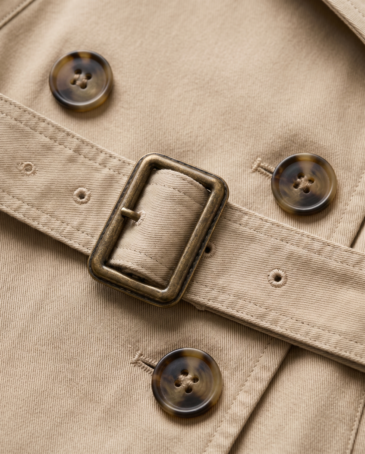 Cropped Belted Trench Jacket for Women — metal buckle and button detail