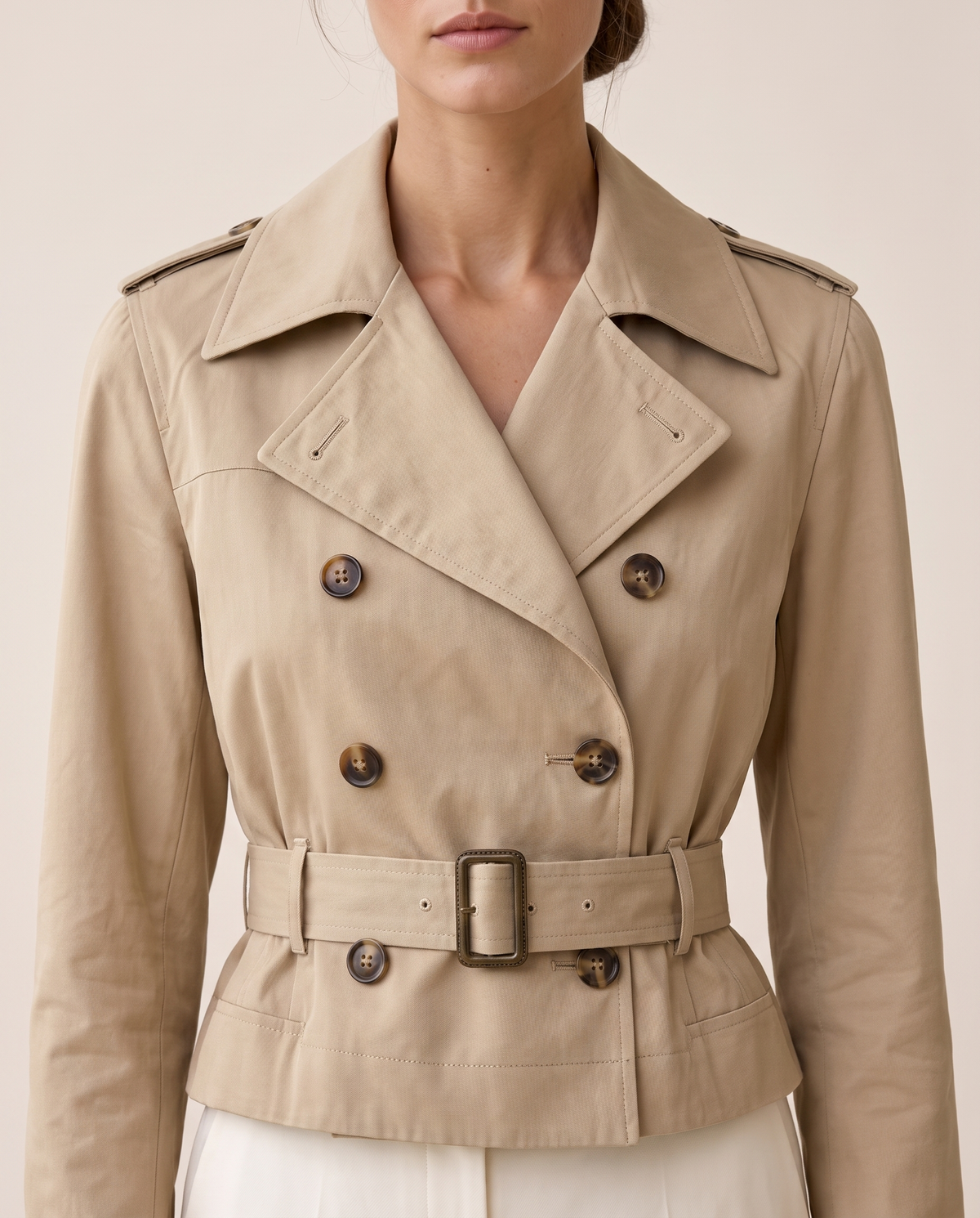 Cropped Belted Trench Jacket for Women — double-breasted front and buckle, worn