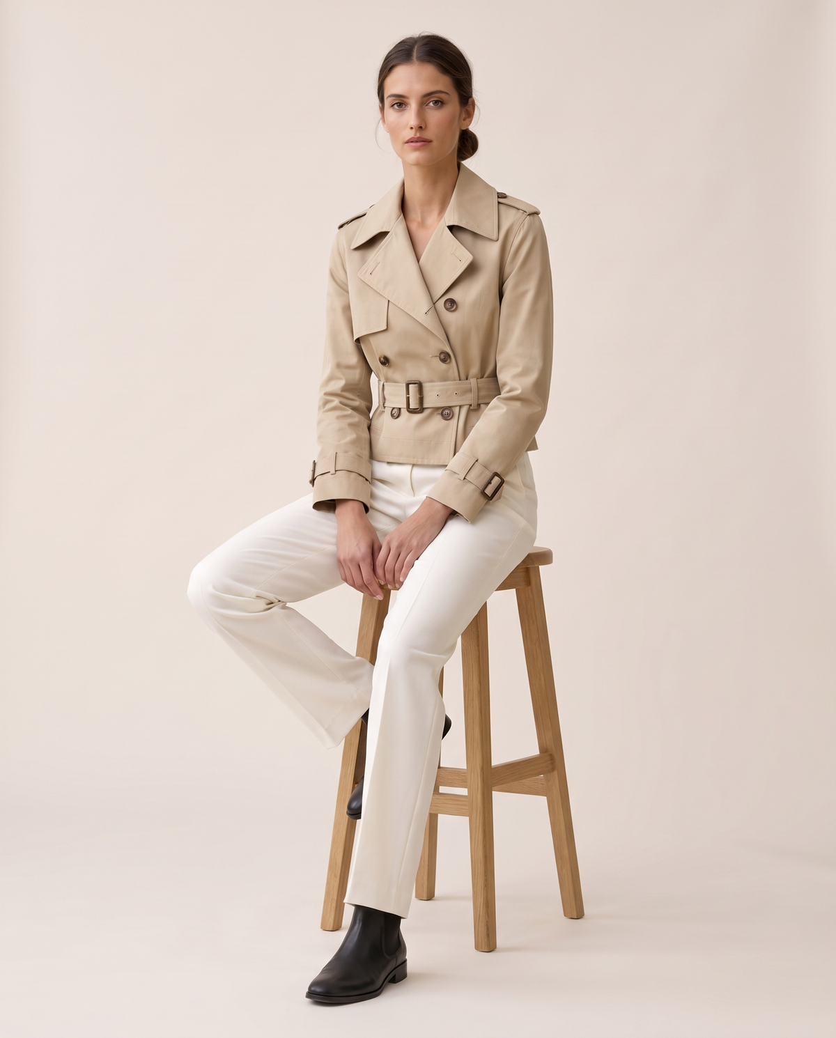 Cropped Belted Trench Jacket for Women — worn seated