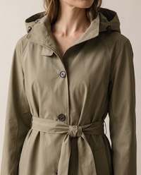 Waterproof Hooded Trench Coat for Women — hood, buttons and belt detail