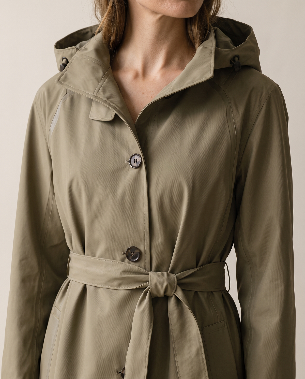 Waterproof Hooded Trench Coat for Women — hood, buttons and belt detail