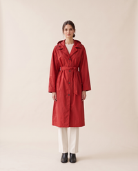Waterproof Hooded Trench Coat for Women — red, studio front
