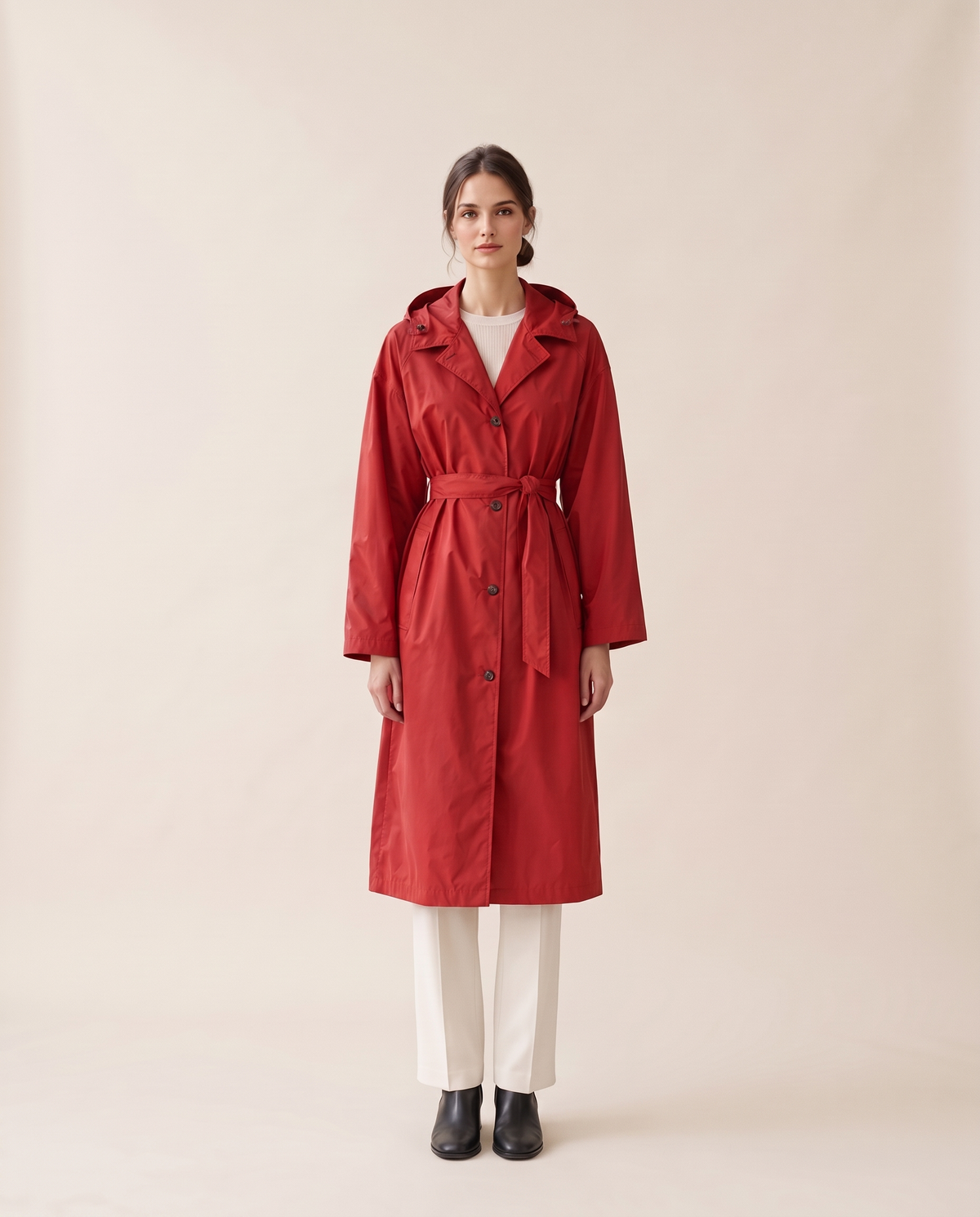 Waterproof Hooded Trench Coat for Women — red, studio front