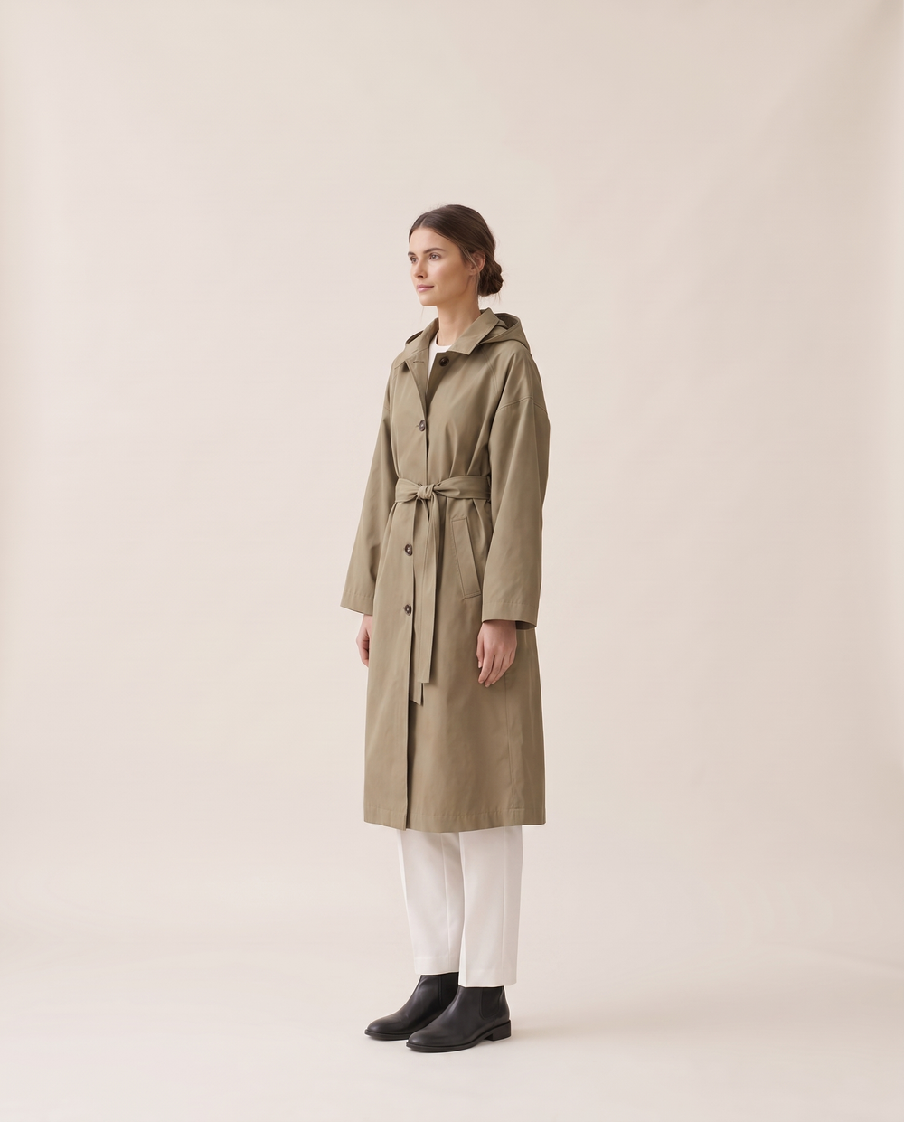 Waterproof Hooded Trench Coat for Women — three-quarter view