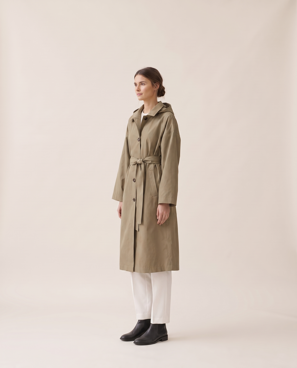 Waterproof Hooded Trench Coat for Women — three-quarter view