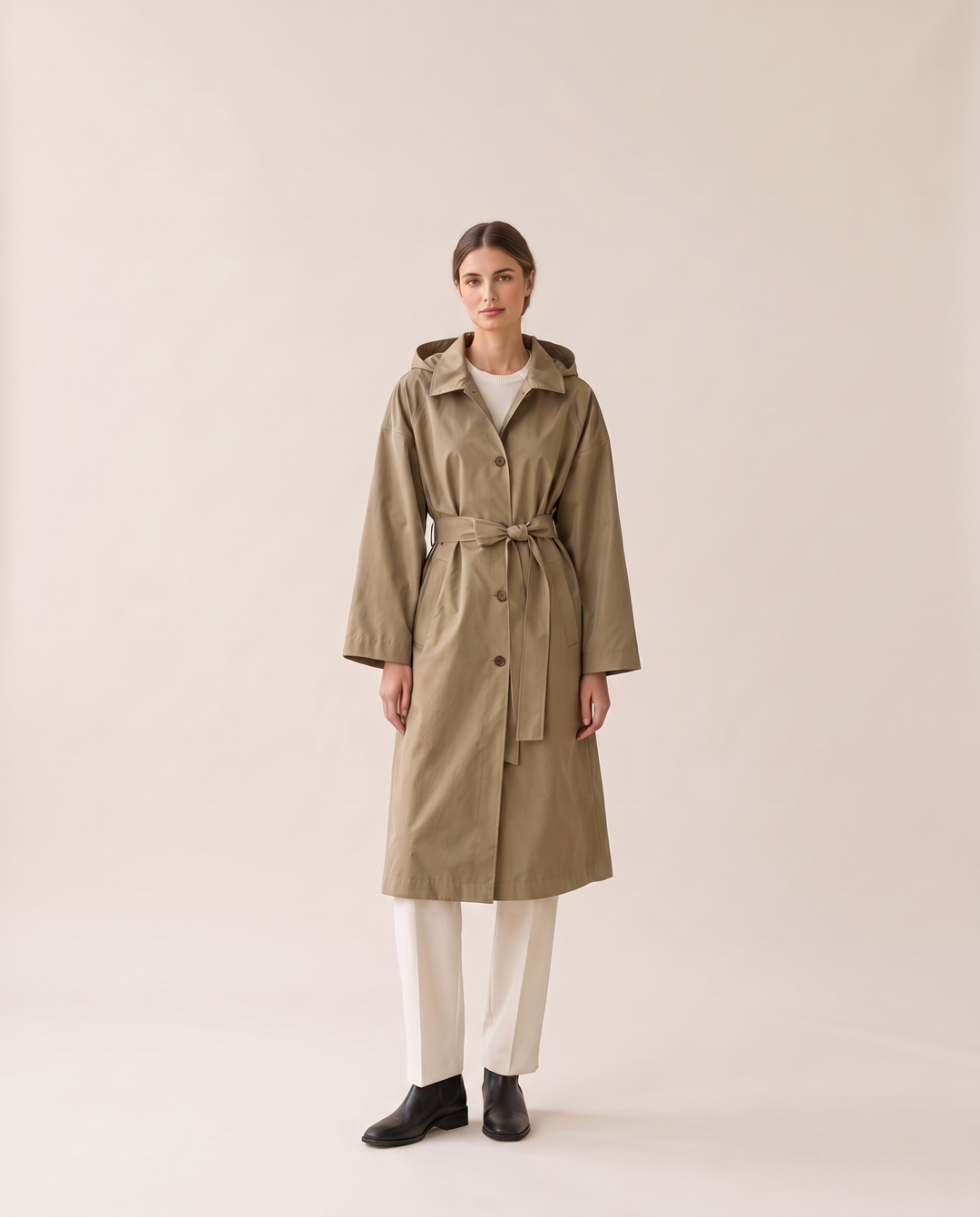 Waterproof Hooded Trench Coat for Women — studio front, belted