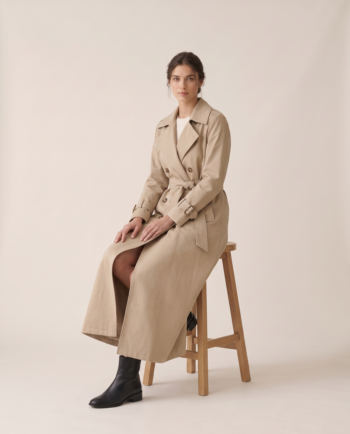 Belted Maxi Trench Coat for Women — worn seated
