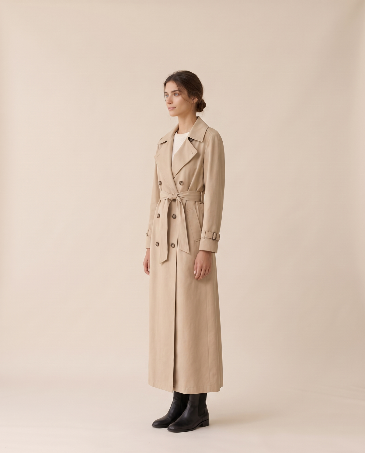 Belted Maxi Trench Coat for Women — three-quarter view