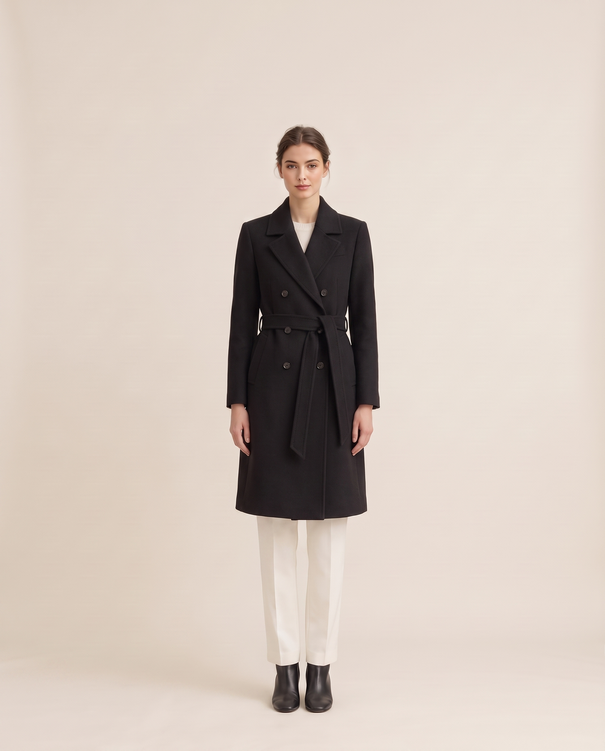 Women's Double-Breasted Trench Coat — black, studio front