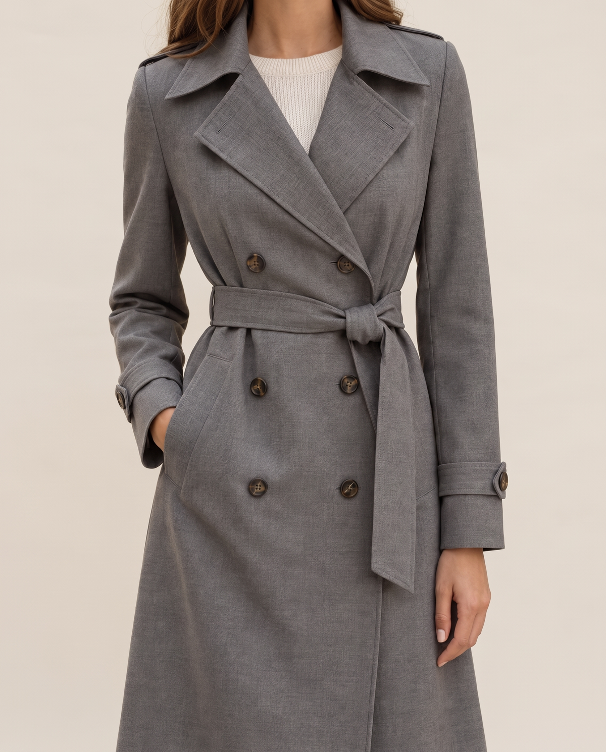 Women's Double-Breasted Trench Coat — lapels, buttons and belt detail