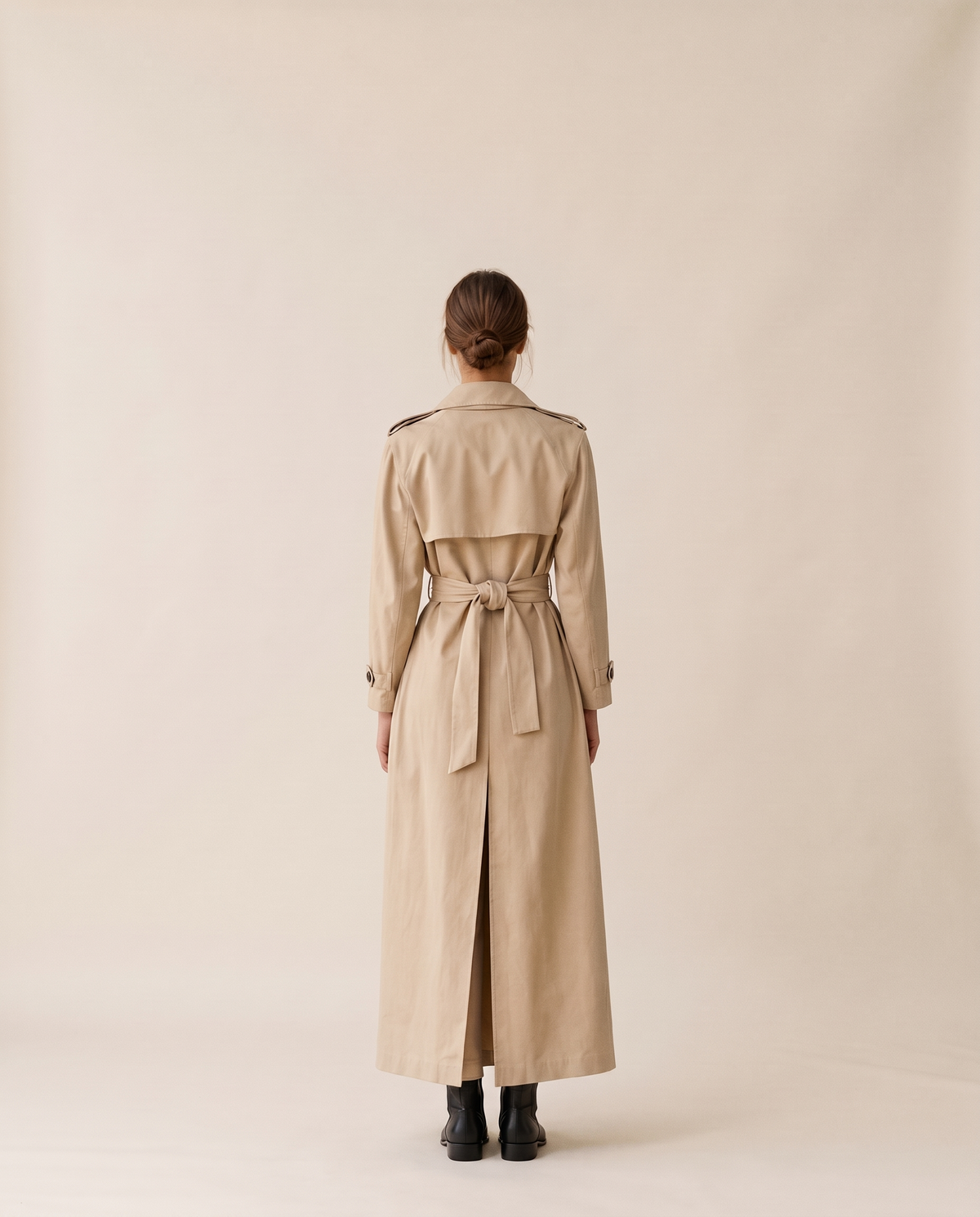 Belted Maxi Trench Coat for Women — studio back