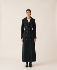 Belted Maxi Trench Coat for Women — black, studio front