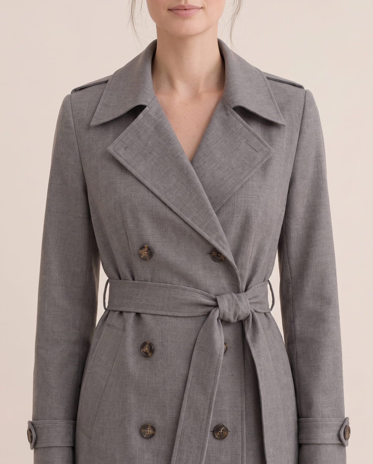 Women's Double-Breasted Trench Coat — double-breasted front, worn
