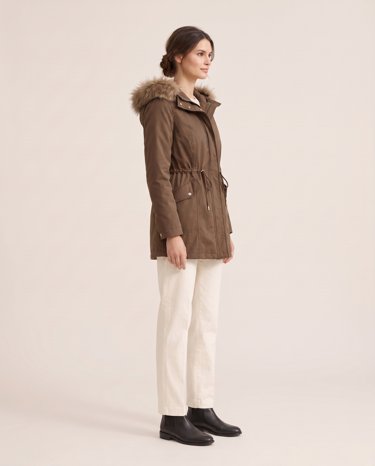 Faux Fur Trim Drawstring Parka — three-quarter view