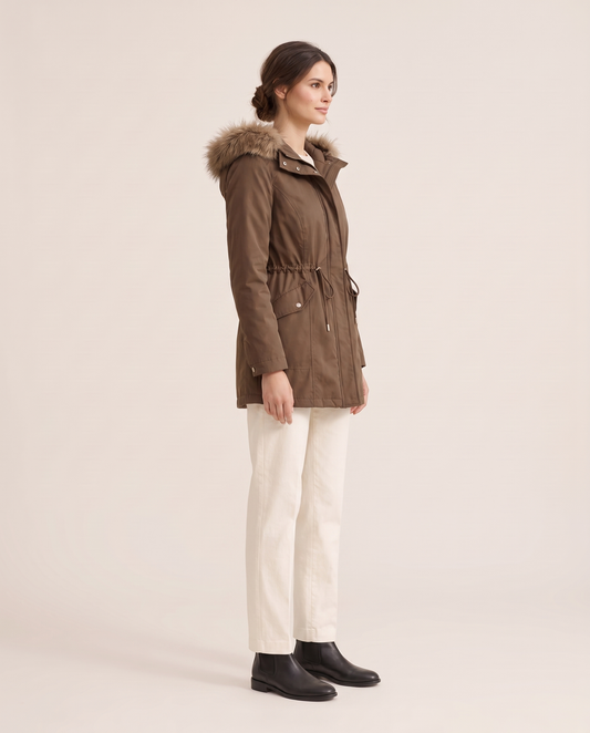 Faux Fur Trim Drawstring Parka — three-quarter view