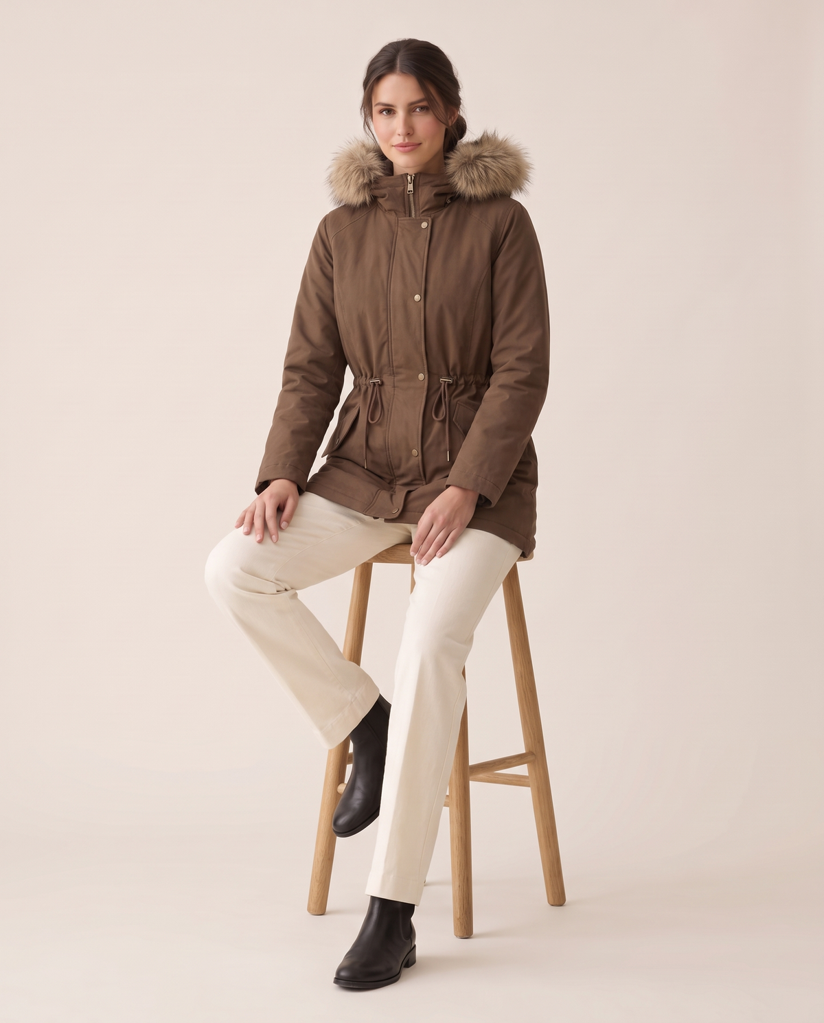 Faux Fur Trim Drawstring Parka — worn seated