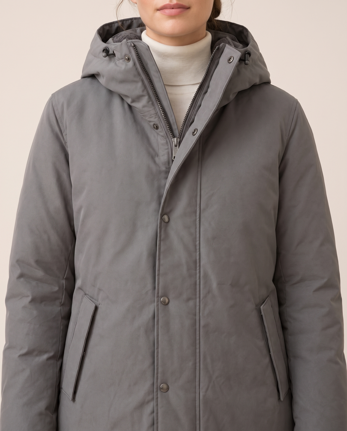 Heavyweight Waterproof Hooded Parka — hood and storm flap, worn