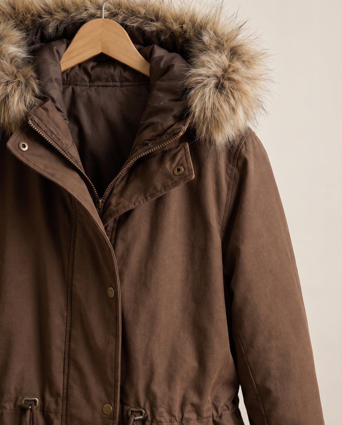 Faux Fur Trim Drawstring Parka — faux fur hood detail