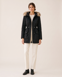 Faux Fur Trim Drawstring Parka — black, studio front