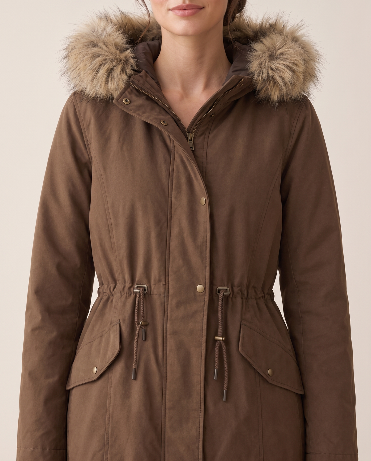 Faux Fur Trim Drawstring Parka — fur hood and drawstring waist, worn