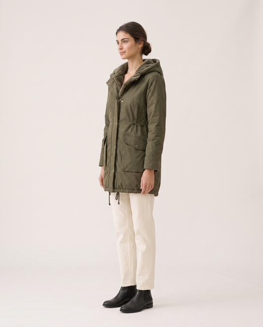 Plush-Lined Hooded Parka with Drawstring Hem — three-quarter view