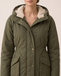 Plush-Lined Hooded Parka with Drawstring Hem — plush hood and storm flap, worn