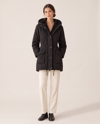Plush-Lined Hooded Parka with Drawstring Hem — black, studio front