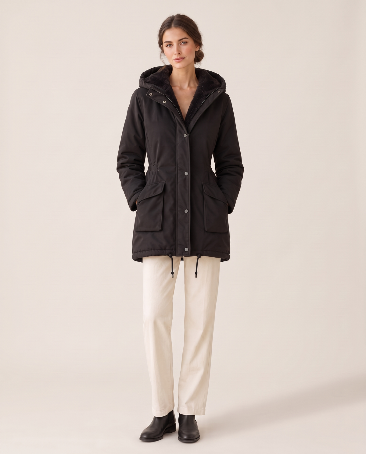 Plush-Lined Hooded Parka with Drawstring Hem — black, studio front