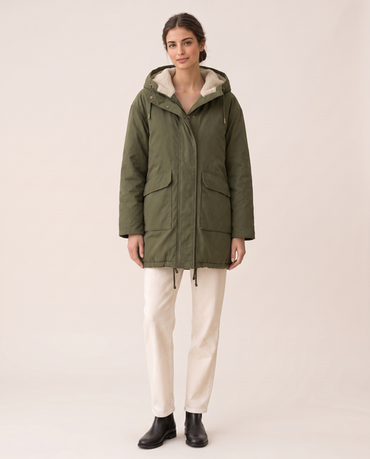 Plush-Lined Hooded Parka with Drawstring Hem — studio front